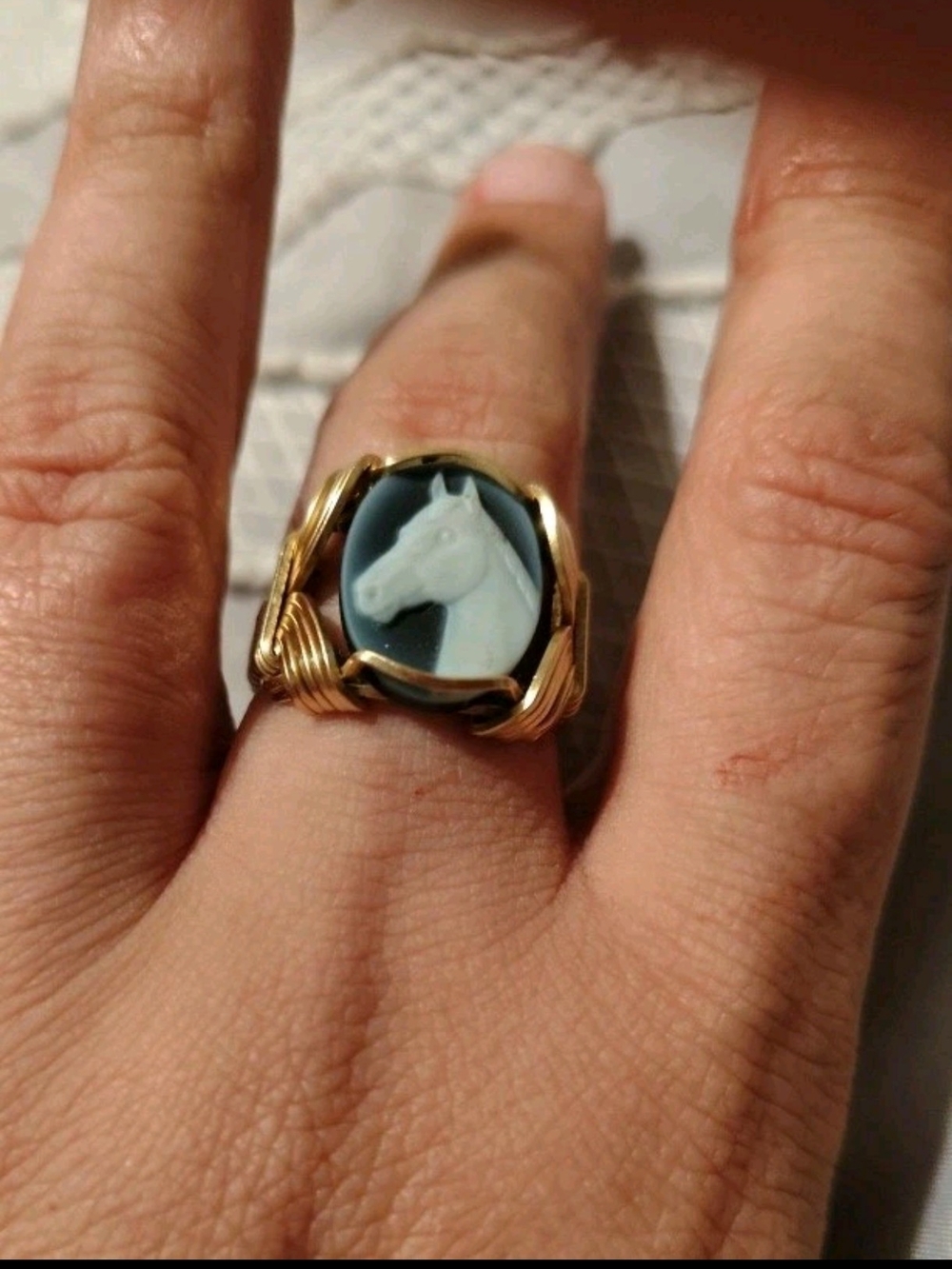 EMC Designs Horse Black Agate Cameo Gold Files Ring